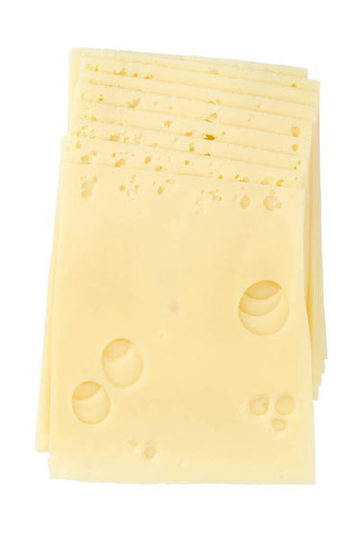 Ser ementowy, kanapki, z góry. Przetworzony Emmentaler w plasterkach, również Emmenthal, żółty, średnio twardy ser z otworami, pochodzi ze Szwajcarii, o pikantnym, ale łagodnym smaku. Zdjęcie żywności. - Zdjęcie, obraz