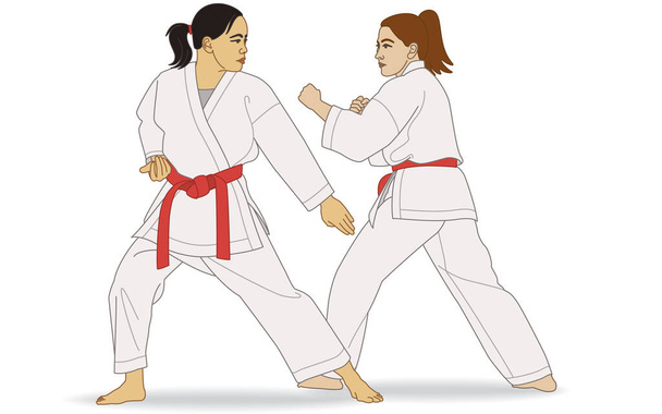karate dos hembras sparring postura kumite aislado sobre un fondo blanco - Vector, imagen