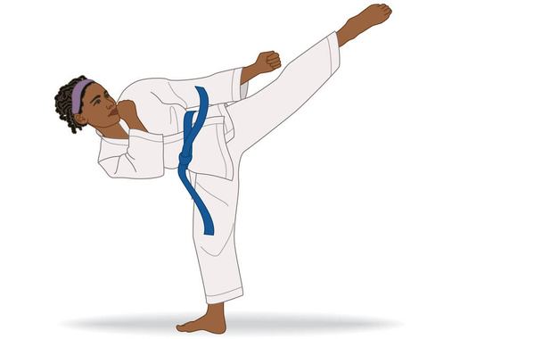 Karate weibliche Side Kick Haltung isoliert auf weißem Hintergrund - Vektor, Bild