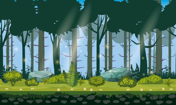 Floresta paisagem horizontal sem costura fundo para aplicativos de jogos, design. Natureza madeiras, árvores, arbustos, flora, vetor - Vetor, Imagem