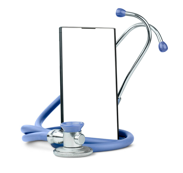 smartphone en stethoscoop op geïsoleerde witte achtergrond - Foto, afbeelding