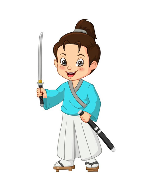 Wektor ilustracja kreskówki Japoński samuraj chłopiec z mieczem - Wektor, obraz
