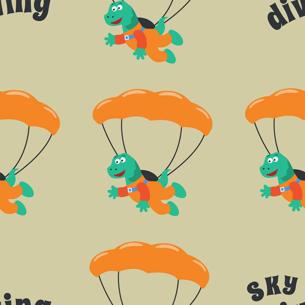 Patrón sin costuras con paracaidismo con dinosaurio pequeño, concepto de diseño infantil para impresión textil para niños, papel tapiz para vivero, papel de envolver. Lindo fondo divertido. - Vector, Imagen