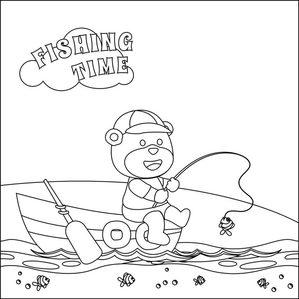 Illustrazione del cartone animato vettoriale di cute orso pesca a vela con stile cartone animato. Disegno infantile per bambini attività da colorare libro o pagina. - Vettoriali, immagini