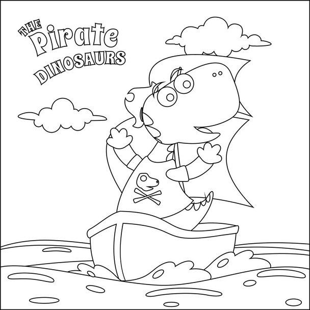Vektorová ilustrace dinosaura piráta na lodi u moře s kresleným stylem. Dětský design pro děti aktivity omalovánky nebo stránky. - Vektor, obrázek