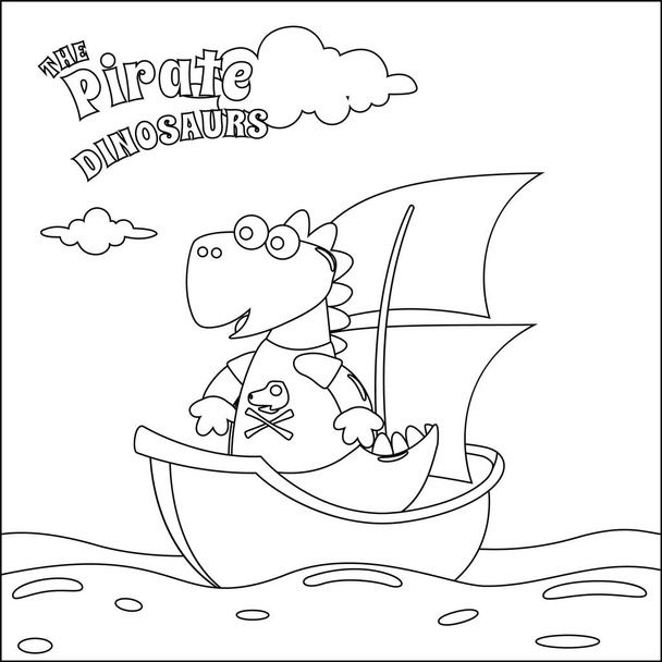 Denizdeki karikatür tarzında bir gemide dinozor korsanının vektör çizimi. Çocuklar için çocuksu tasarım aktivite boyama kitabı ya da sayfa. - Vektör, Görsel