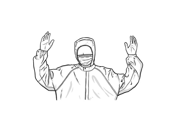 Άντρες με μάσκες που φοράνε στολές PPE. ζωγραφισμένη στο χέρι διανυσματική απεικόνιση απομονωμένη σε λευκό φόντο. - Διάνυσμα, εικόνα