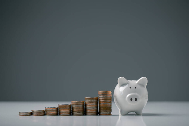 Sparschwein und Stapel von Münzen auf grauem Hintergrund. Geldmanagement, Persönliches Finanzkonzept. - Foto, Bild