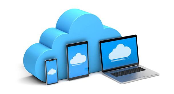Cloud-Speicher. Synchronisierung von Informationen mit Ihrem Telefon, Tablet, Computer und anderen Geräten. isoliert auf weißem Hintergrund. 3D-Darstellung - Foto, Bild
