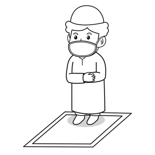 Muslimipoika käyttää perinteistä muslimimekkoa. tarawih rukoilee ramadan kuukaudessa, käyttäen naamio ja terve protocol.Vector hahmo kuvitus. - Vektori, kuva