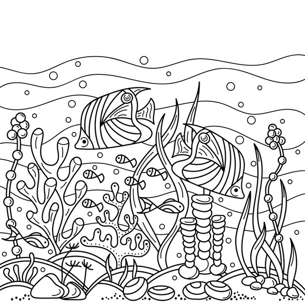 Βιβλίο ζωγραφικής για ενήλικες και μεγαλύτερα παιδιά. Πολυεπίπεδη Doodles του υποβρύχιου κόσμου, θάλασσα, ωκεανός, ποτάμι. Ψάρια, όστρακα και κοράλλια, φύκια και κύματα. . Ενυδρεία. Χειροκίνητη διανυσματική απεικόνιση - Διάνυσμα, εικόνα