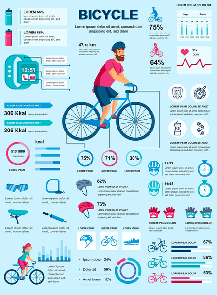 Bicycle banner with infographic elements. Cycling poster template with flowchart, data visualization, timeline, workflow, illustration. Vector info graphics design of marketing materials concept - Vector, Image