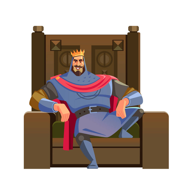Rey de los dibujos animados. Majestad feliz rey personaje en el trono, con corona y manto, ilustración vectorial de dibujos animados aislado en fondo blanco - Vector, Imagen