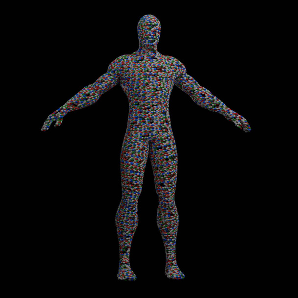 Corps humain fait de capsules de médecine. Illustration de rendu 3D.  - Photo, image