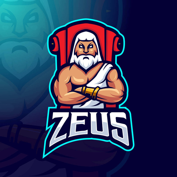 Вектор дизайна логотипа Zeus с современной концепцией иллюстрации для печати бейджей, эмблем и футболок. Зевс сидит на троне за команду эспортов - Вектор,изображение