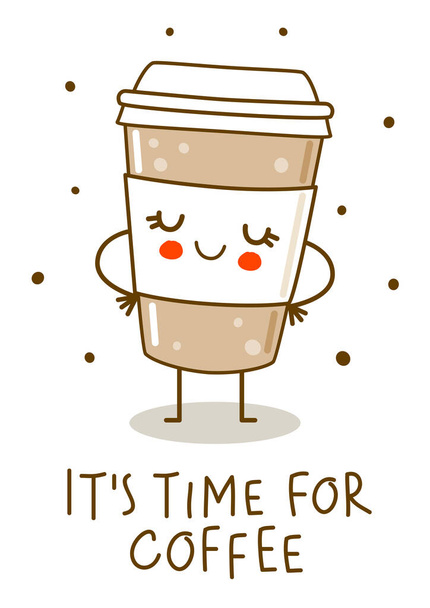 Aranyos csésze kávé elszigetelt fehér - rajzfilm karakter boldog design - Vektor, kép