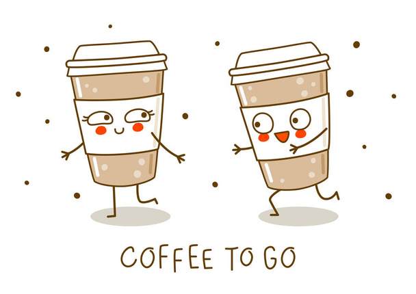 Tazas de café lindos aislados en blanco personajes de dibujos animados para el café para ir de diseño - Vector, Imagen