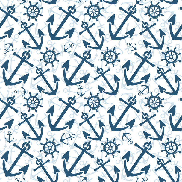 Vector seamless pattern. Steering wheel, life preserver, anchor. Nautical theme. Summer pattern. - Vektör, Görsel