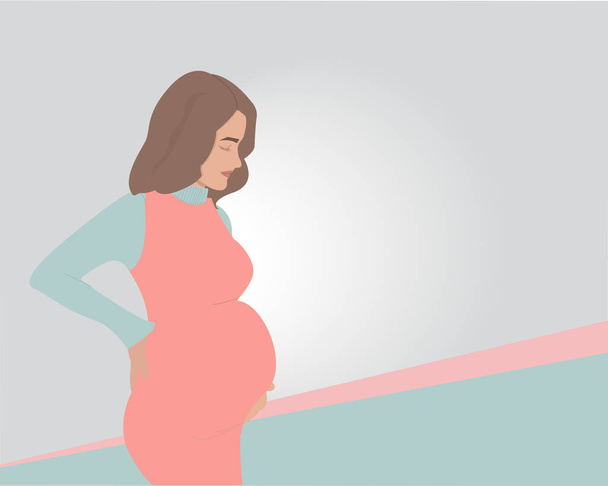 Těhotná dívka se drží za břicho. Místo pro text o těhotenství. Plánování a řízení těhotenství lékařem - Vektor, obrázek