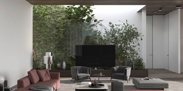 Πολυτελές μινιμαλιστικό εσωτερικό σπίτι σχεδιασμού. Σαλόνι με φυτά πίσω από γυάλινο πράσινο τοίχο. Σύγχρονες πολυθρόνες, έπιπλο τηλεόρασης, λευκός τοίχος, πέτρινα πλακάκια δαπέδου και ξύλινη οροφή. 3d καθιστούν απεικόνιση. - Φωτογραφία, εικόνα