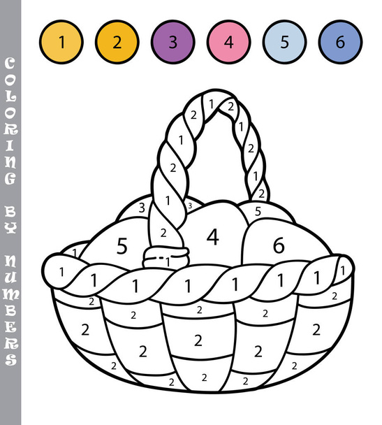 funny coloring by numbers coloring educational game. Vector illustration coloring by numbers educational game with cartoon Easter basket for kids - Vector, Image