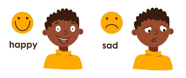 Kis afro-amerikai fiú, különböző arckifejezésekkel. Boldog és szomorú gyermek. Rossz és jó hangulat. Vektor rajzfilmfigura és hangulatjelek. Antitonimákat tanulok gyerekeknek. Öröm - szomorúság, boldogtalanság - Vektor, kép