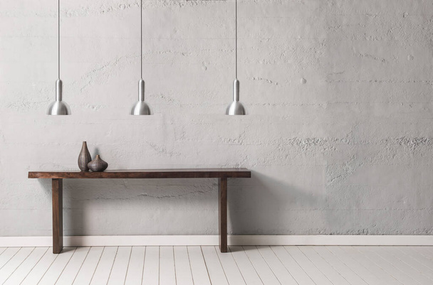 Grey stone wall with lamp concept, wooden table and home accessory. - Photo, Image