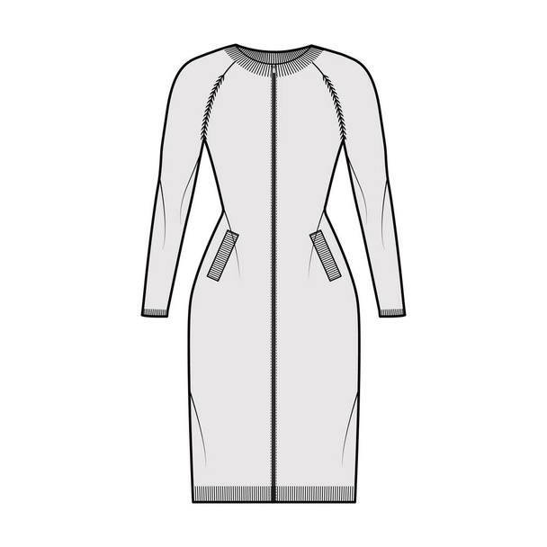 Zip-up dress cardigan Sweater technical fashion illustration with rib crew neck, raglan sleeves, fitted body, knit trim - Vector, Image