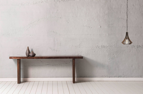 Šedý kamenný dřevěný stůl s lampou. - Fotografie, Obrázek