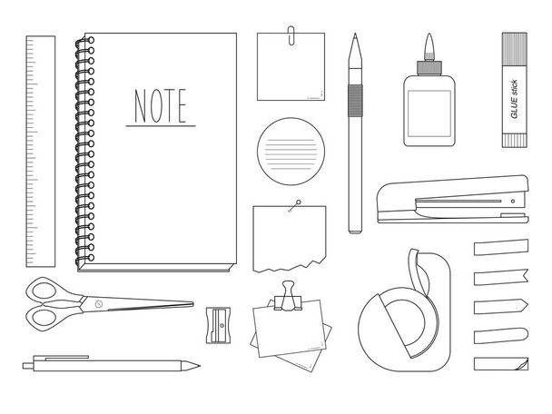 Colección de papelería - pegatinas, cuadernos, herramientas aisladas sobre fondo blanco. Ilustración vectorial - Vector, Imagen