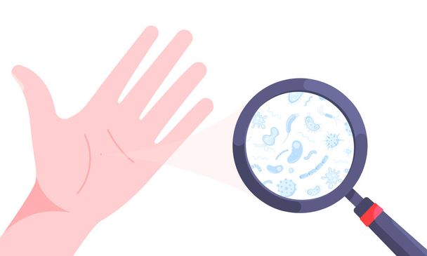 Gérmenes, bacterias y virus en la ilustración de vectores de palma de mano sucia aislados sobre fondo blanco. - Vector, imagen