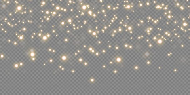 Kerst gouden confetti sterren vallen, Schitterende sterren vliegen over de nachtelijke hemel te midden van de reflectie van de lichtpunten van de ruimte. vakantie vector achtergrond. magische glans. - Vector, afbeelding