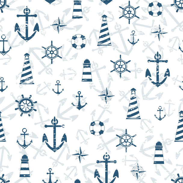 Collection of sea anchor, lighthouse, compass, lifebuoy. Seamless pattern with scuffs. Endless texture. Can be used for fabric. Vacation holiday background. Summer pattern. - Wektor, obraz