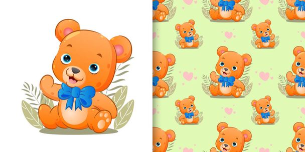 The seamless of the cute baby bear is wearing the big ribbon with the soft background of illustration - Vector, Image