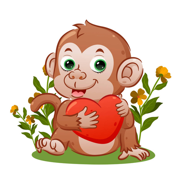 The cute monkey with the happy face is sitting and holding the big heart of illustration - Vector, Imagen