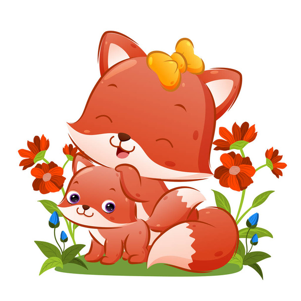 美しいリボンを持つ大きな狐は、イラストの庭で彼女の赤ちゃん狐とポーズをとっています - ベクター画像