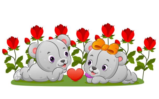 Para pluszowego misia umawia się w ogrodzie kwiatów ze szczęśliwą twarzą ilustracji - Wektor, obraz