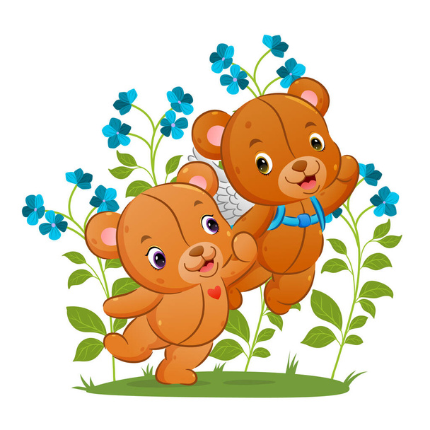 The cute cupid bear is holding his girl friend's hand for flying to the sky of illustration - Vector, Imagen