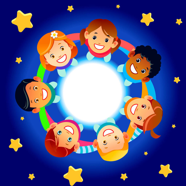 Glückliche Kinder halten sich an den Händen und tanzen im Kreis. Nette Jungen und Mädchen haben Spaß auf dem Hintergrund von Sternen. Zeichentrickvektorillustration - Vektor, Bild