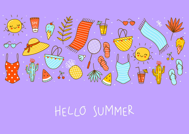 Border background with cute summer items isolated on purple - cartoon objects for happy beach design - Vector, imagen