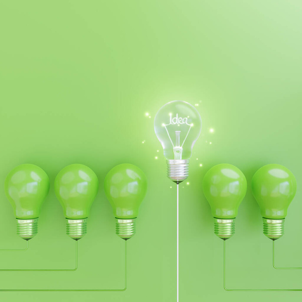 Ampoule à économie d'énergie sur fond vert avec concept d'idée innovante, espace de copie, rendu 3d - Photo, image