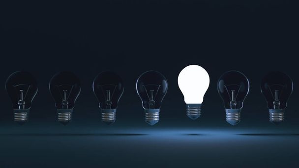 革新的な知識と省エネコンセプトで照らす創造的なアイデアと電球青の背景に電球、 3Dレンダリング. - 写真・画像