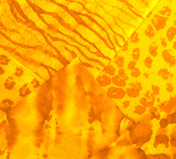 Tumma taiteellinen eläinjälki. Likainen taide maalaus. Saumaton kuvio. Aquarellen rakenne. Eläinten paita tumma akvarelli Tulosta. Oranssi sideaine Värituloste. Seepra Tulosta Solmio Väri Batik. Keltainen - Valokuva, kuva