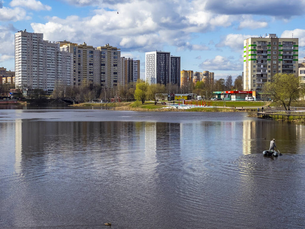 Pushkino, Russia, April 26 2021. New multi-storey residential buildings on the banks of the Serebryanka river - Zdjęcie, obraz
