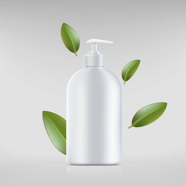 Soap or sanitizer bottle. Green leaves around. Vector illustration - Vektori, kuva
