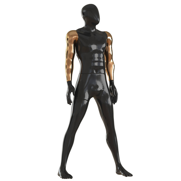 Altın elli, yüzü olmayan siyah bir erkek manken beyaz bir arka planda geniş bacaklar arasında duruyor. 3d oluşturma - Fotoğraf, Görsel