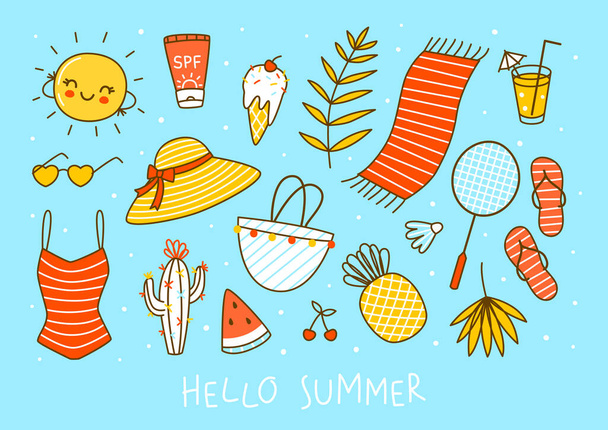 Conjunto de itens de verão bonito no fundo azul - desenho animado saudação c - Vetor, Imagem