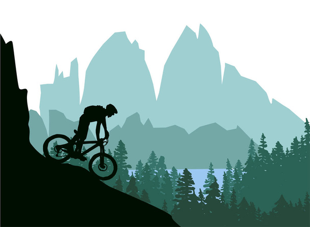 Vahşi doğa manzarasında bir dağ bisikletçisi silueti. Dağlar, orman ve arka planda göl. Yeşil Resim. - Vektör, Görsel