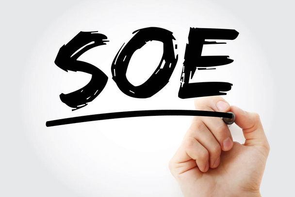 SOE - acrónimo estándar del entorno operativo con el marcador, fondo del concepto de la tecnología - Foto, Imagen