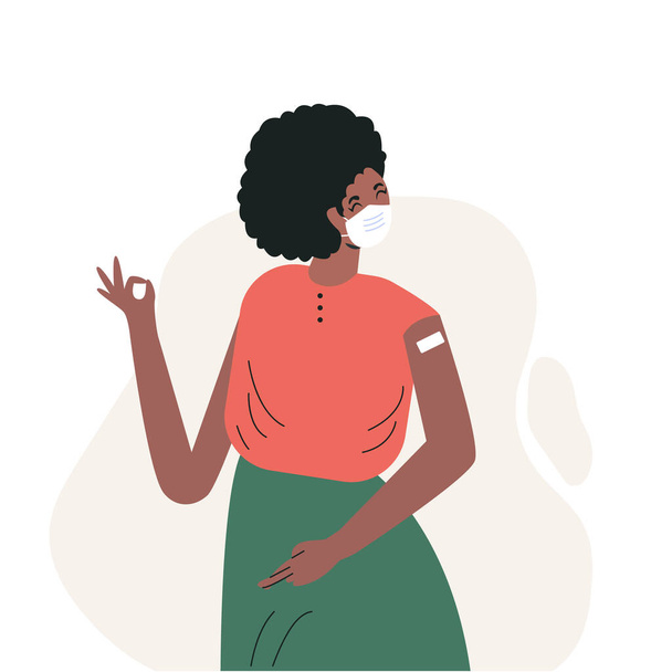Афроамериканська жінка після вакцинації Вакцина ін'єкції в руку, плече. Жіночий персонаж після отримання вакцини. Чорна дівчина в масці. Плоскі векторні ілюстрації ізольовані на білому - Вектор, зображення
